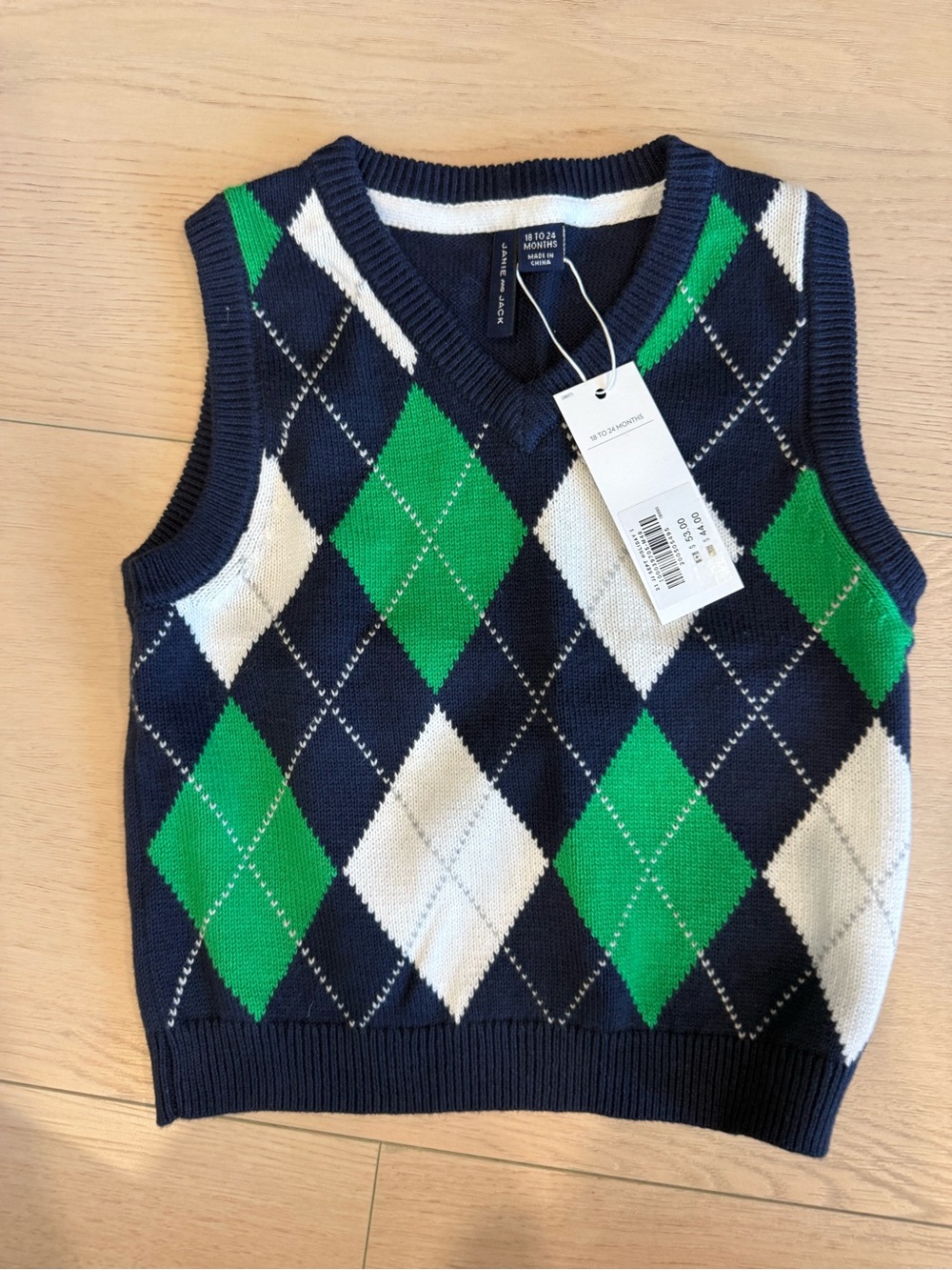 NWT Janie and Jack Navy, Green & White Argyle V-Neck Sweater Vest | 18-24 months